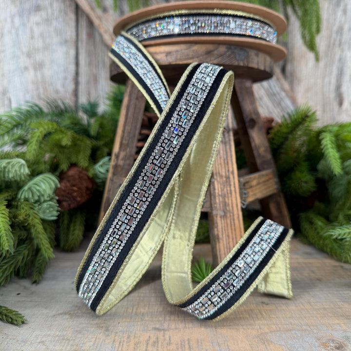 1” Black Velvet Diamond Accent Wired Ribbon, Gold Shimmer Backing