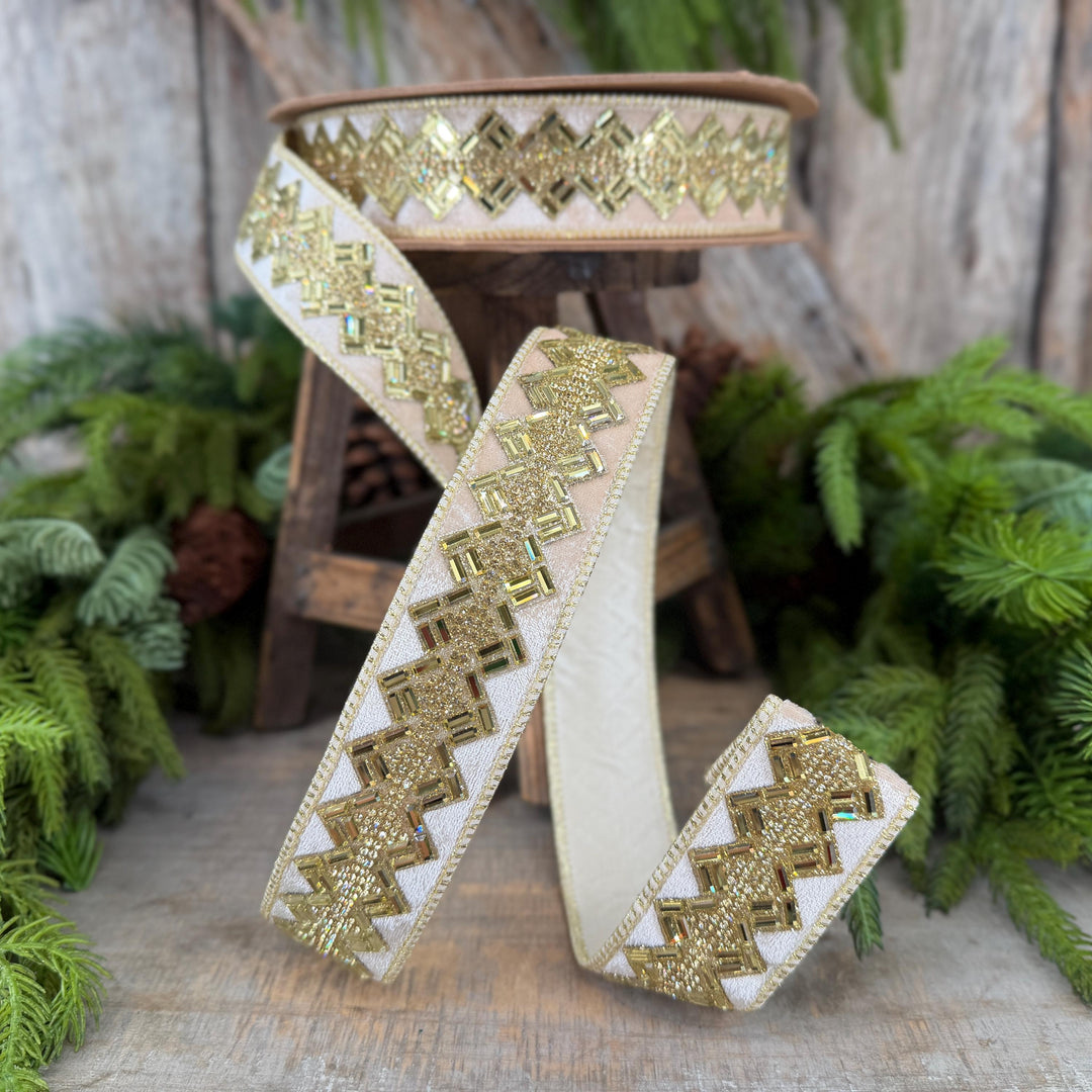 1.5” Ivory Jeweled Wired Ribbon, Gold Geometric Accent, 10-Yard Roll