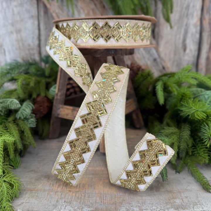 1.5” Ivory Jeweled Wired Ribbon, Gold Geometric Accent, 10-Yard Roll