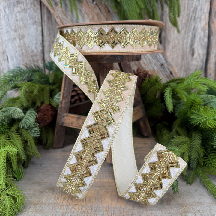 1.5” Ivory Jeweled Wired Ribbon, Gold Geometric Accent, 10-Yard Roll