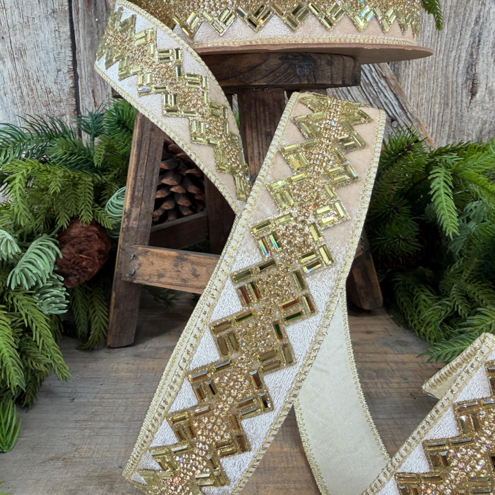 1.5” Ivory Jeweled Wired Ribbon, Gold Geometric Accent, 10-Yard Roll