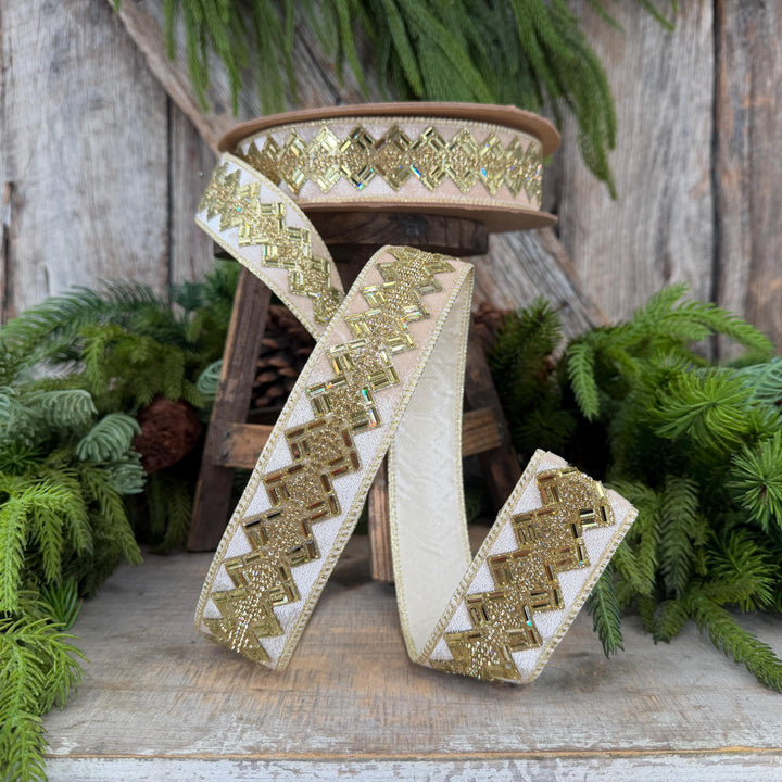 1.5” Ivory Jeweled Wired Ribbon, Gold Geometric Accent, 10-Yard Roll