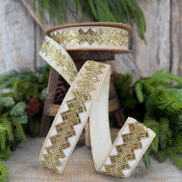 1.5” Ivory Jeweled Wired Ribbon, Gold Geometric Accent, 10-Yard Roll