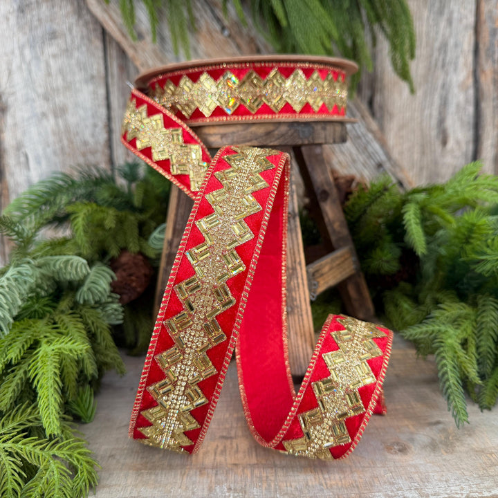 1.5” Red Jeweled Wired Ribbon, Gold Geometric Accent, 10-Yard Roll
