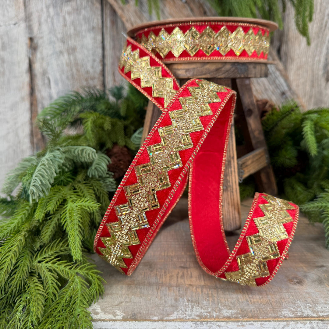 1.5” Red Jeweled Wired Ribbon, Gold Geometric Accent