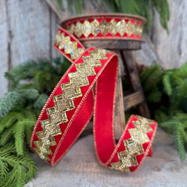 1.5” Red Jeweled Wired Ribbon, Gold Geometric Accent, 10-Yard Roll