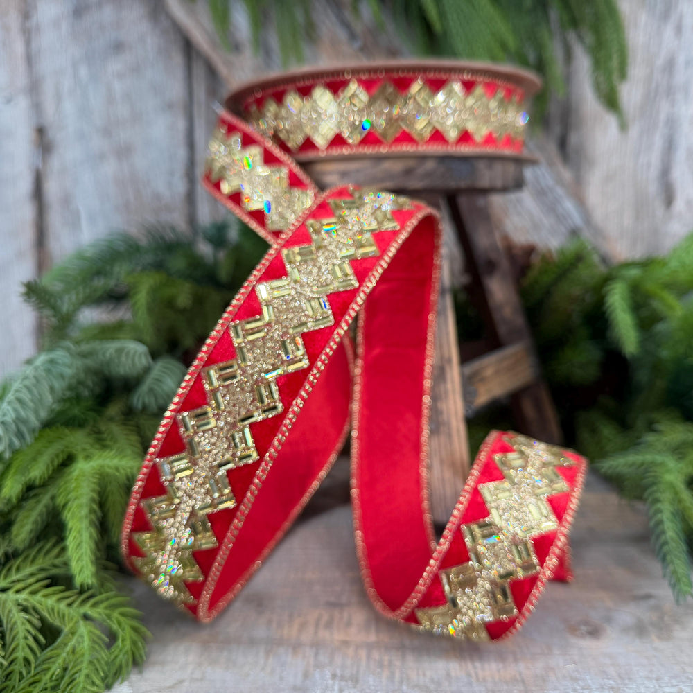 1.5” Red Jeweled Wired Ribbon, Gold Geometric Accent, 10-Yard Roll