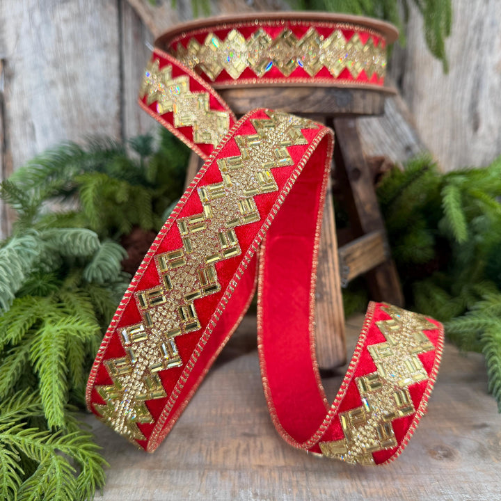 1.5” Red Jeweled Wired Ribbon, Gold Geometric Accent, 10-Yard Roll