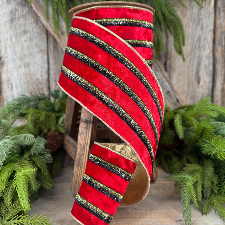 4” Red Velvet Wired Ribbon, Black Gold Metallic Trim, Gold Backing