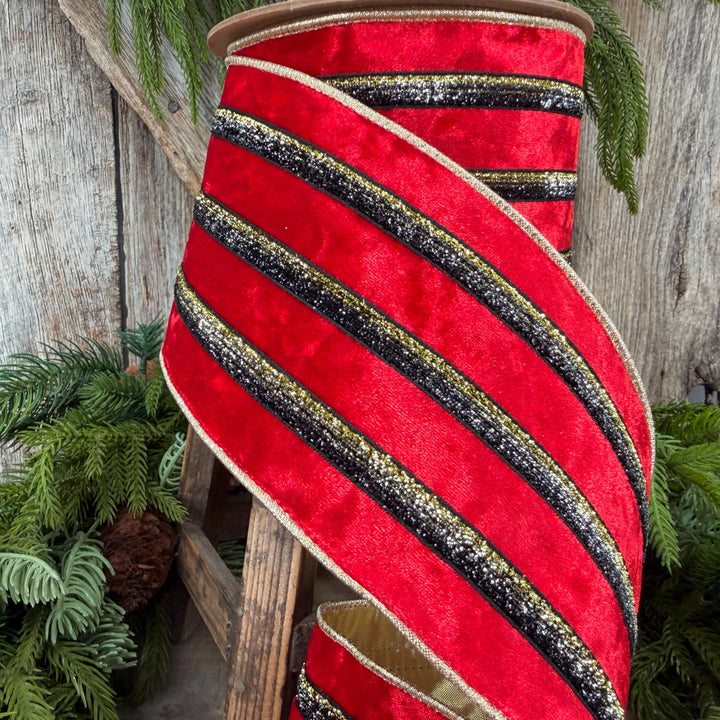 4” Red Velvet Wired Ribbon, Black Gold Metallic Trim, Gold Backing