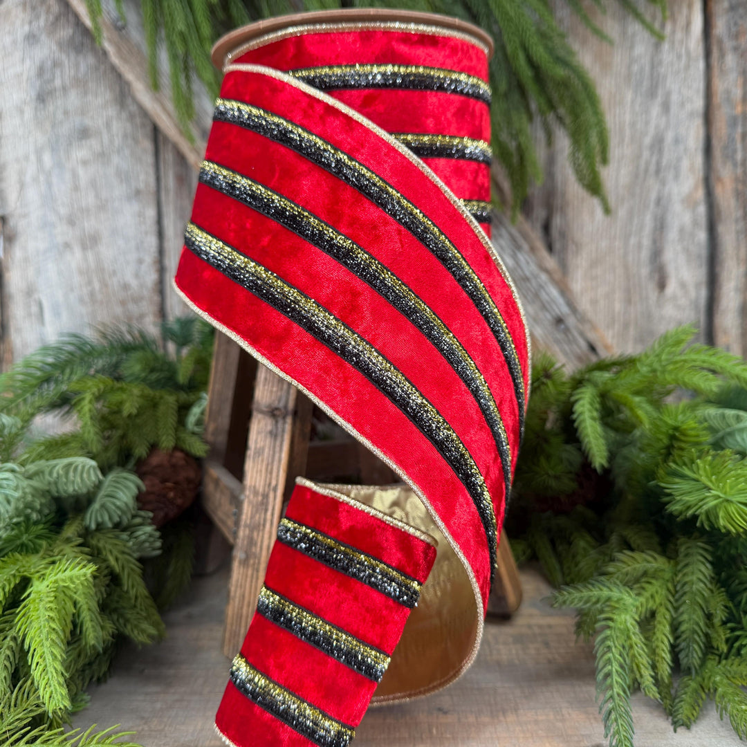 4” Red Velvet Wired Ribbon, Black Gold Metallic Trim