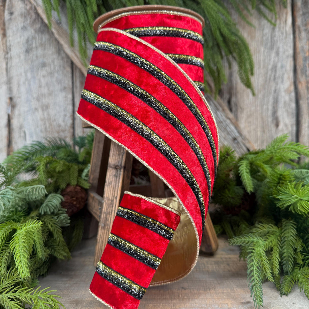 4” Red Velvet Wired Ribbon, Black Gold Metallic Trim, Gold Backing