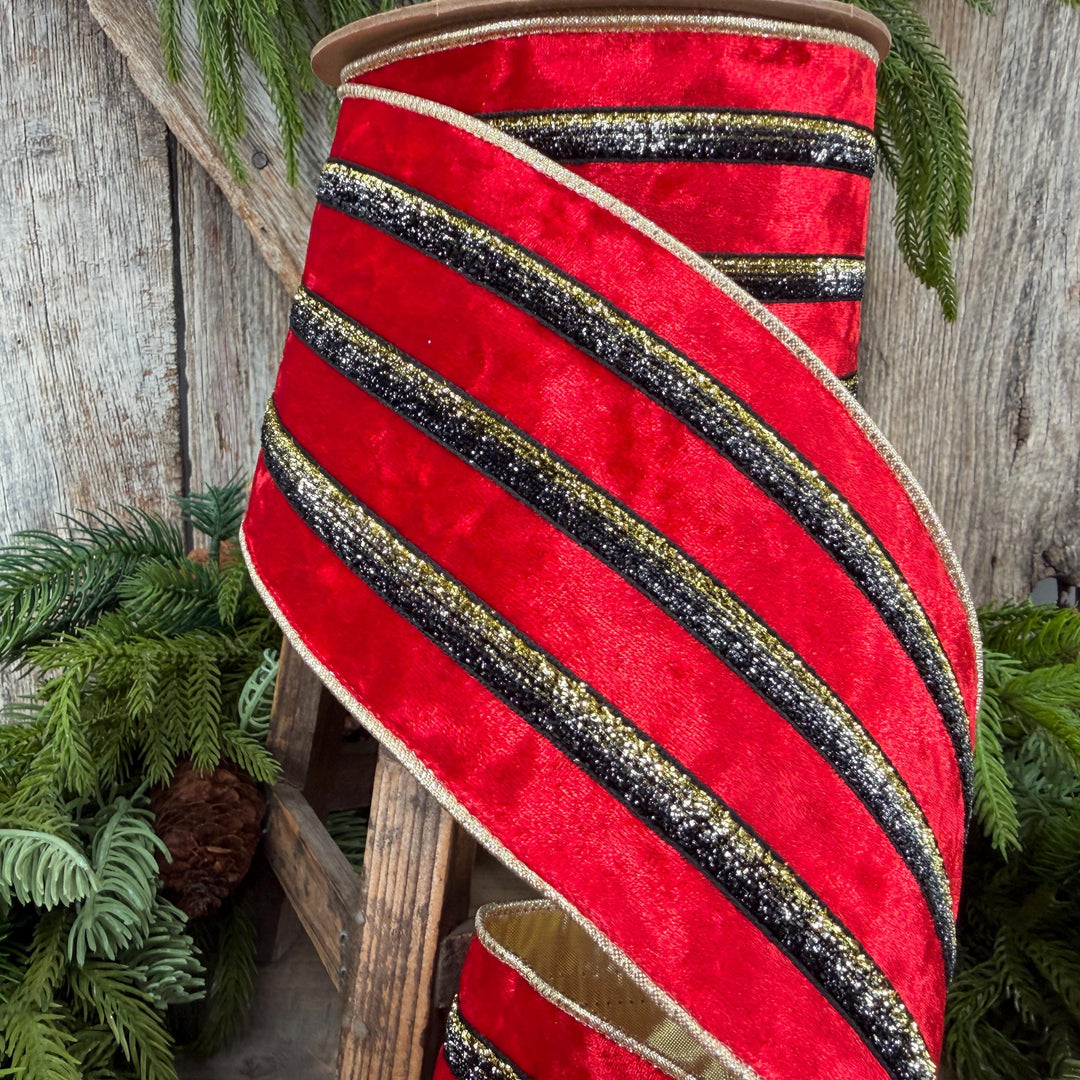 4” Red Velvet Wired Ribbon, Black Gold Metallic Trim, Gold Backing