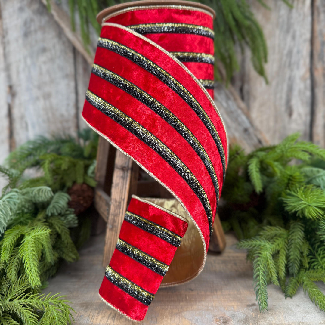 4” Red Velvet Wired Ribbon, Black Gold Metallic Trim, Gold Backing