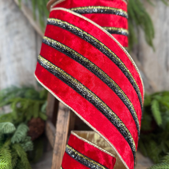 4” Red Velvet Wired Ribbon, Black Gold Metallic Trim, Gold Backing
