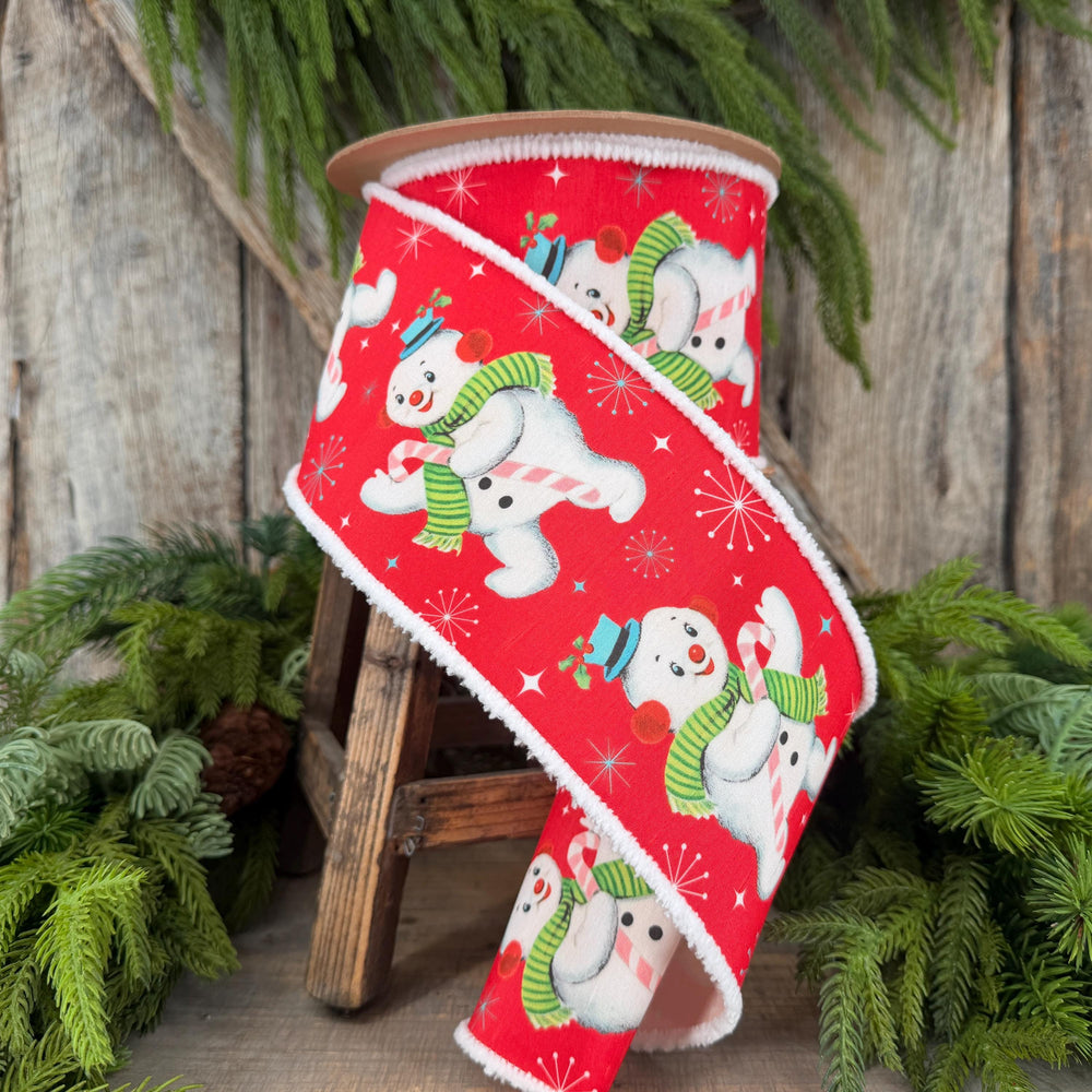 4” Retro Snowman Wired Ribbon, Red and White Pom Pom Edge Ribbon