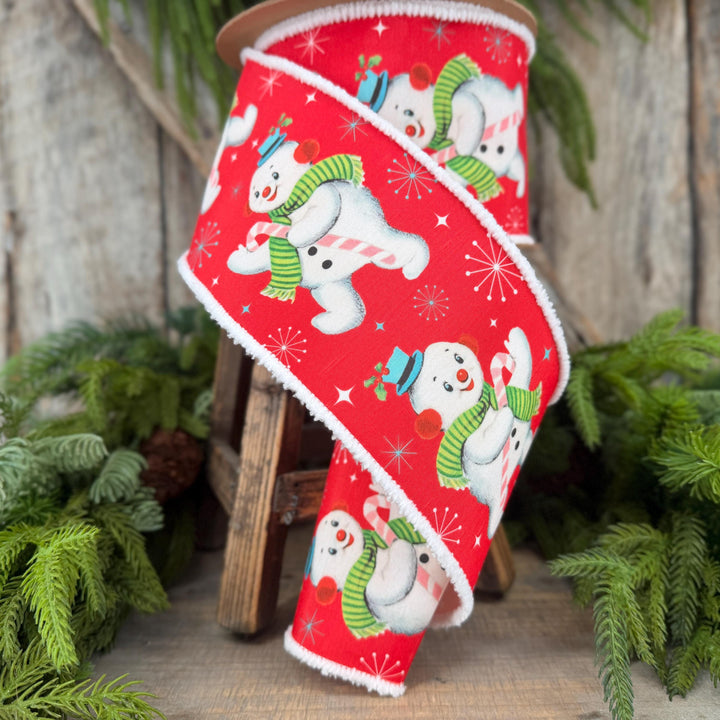 4” Retro Snowman Wired Ribbon, Red and White Pom Pom Edge Ribbon