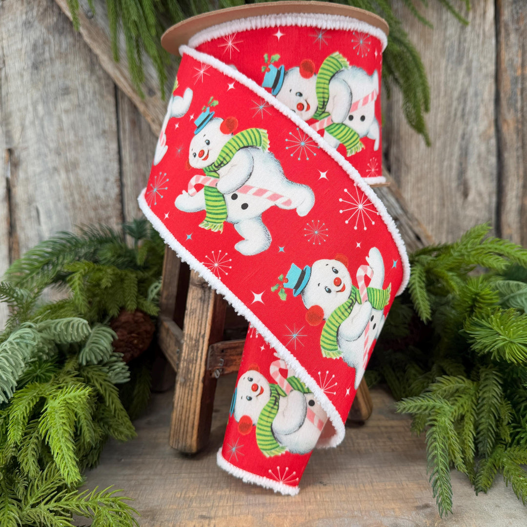 4” Retro Snowman Wired Ribbon, Red and White Pom Pom Edge Ribbon