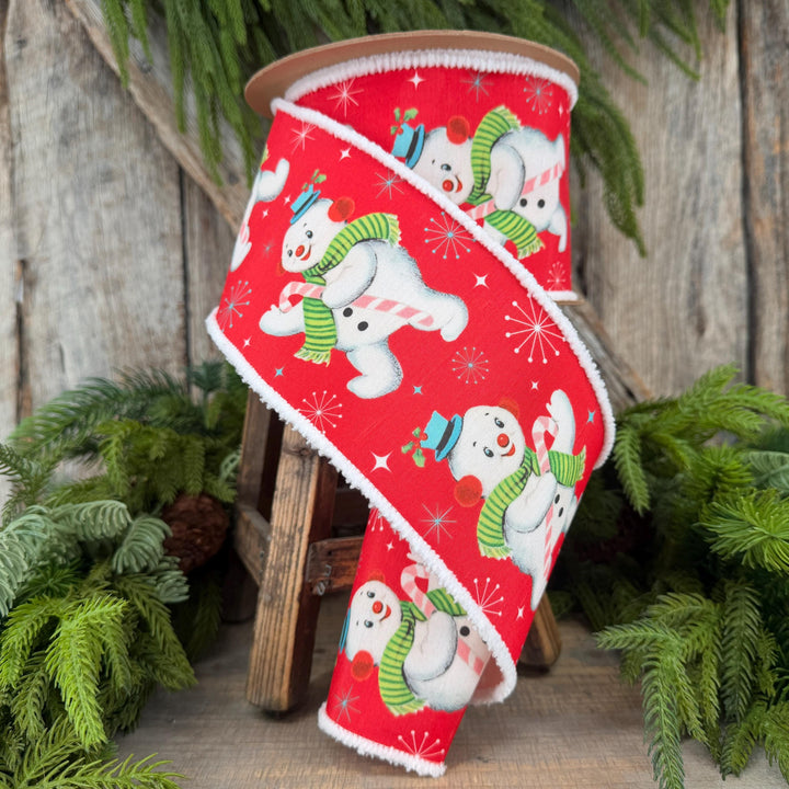 4” Retro Snowman Wired Ribbon, Red and White Pom Pom Edge Ribbon
