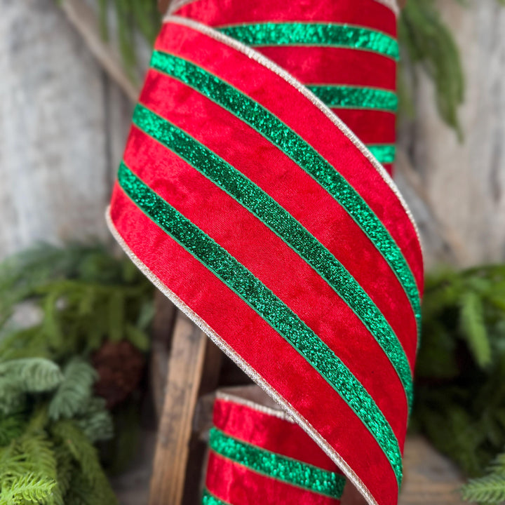 4” Red Velvet Wired Ribbon, Red Emerald Green Metallic Trim, 10 Yards