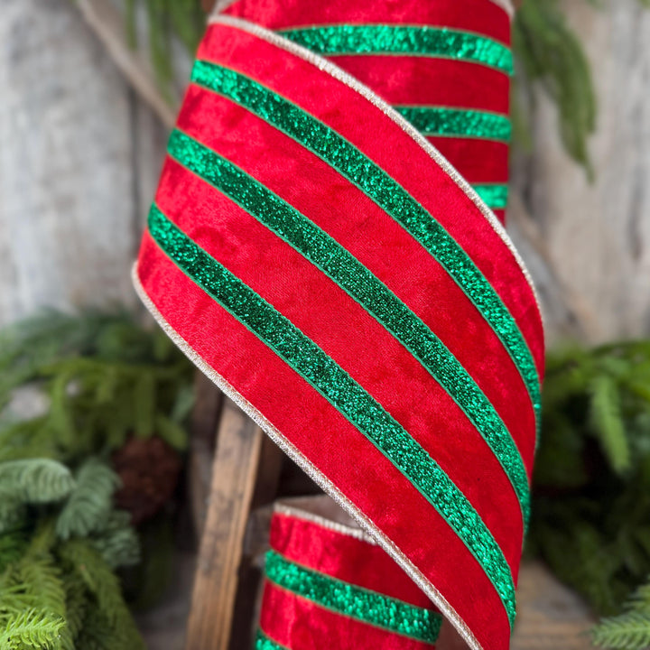4” Red Velvet Wired Ribbon, Red Emerald Green Metallic Trim, 10 Yards