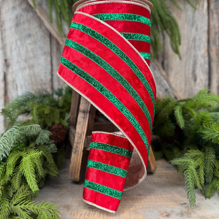 4” Red Velvet Wired Ribbon, Red Emerald Green Metallic Trim, 10 Yards