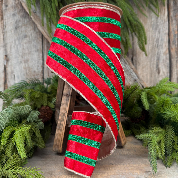 4” Red Velvet Wired Ribbon, Red Emerald Green Metallic Trim