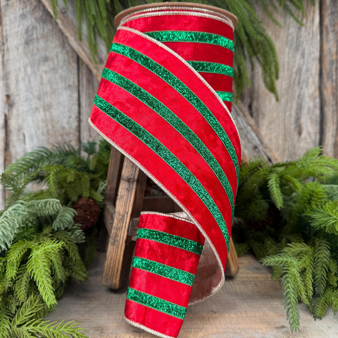 4” Red Velvet Wired Ribbon, Red Emerald Green Metallic Trim, 10 Yards