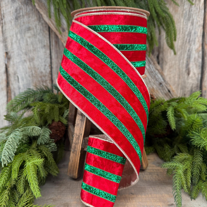 4” Red Velvet Wired Ribbon, Red Emerald Green Metallic Trim, 10 Yards