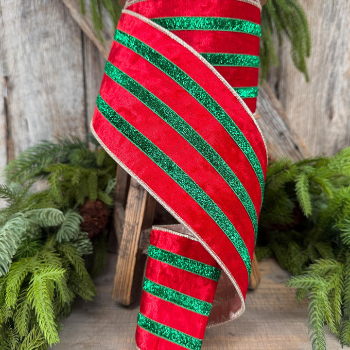 4” Red Velvet Wired Ribbon, Red Emerald Green Metallic Trim, 10 Yards