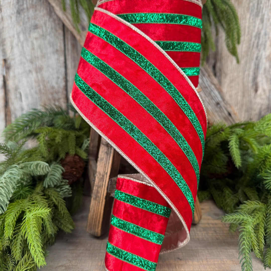 4” Red Velvet Wired Ribbon, Red Emerald Green Metallic Trim, 10 Yards
