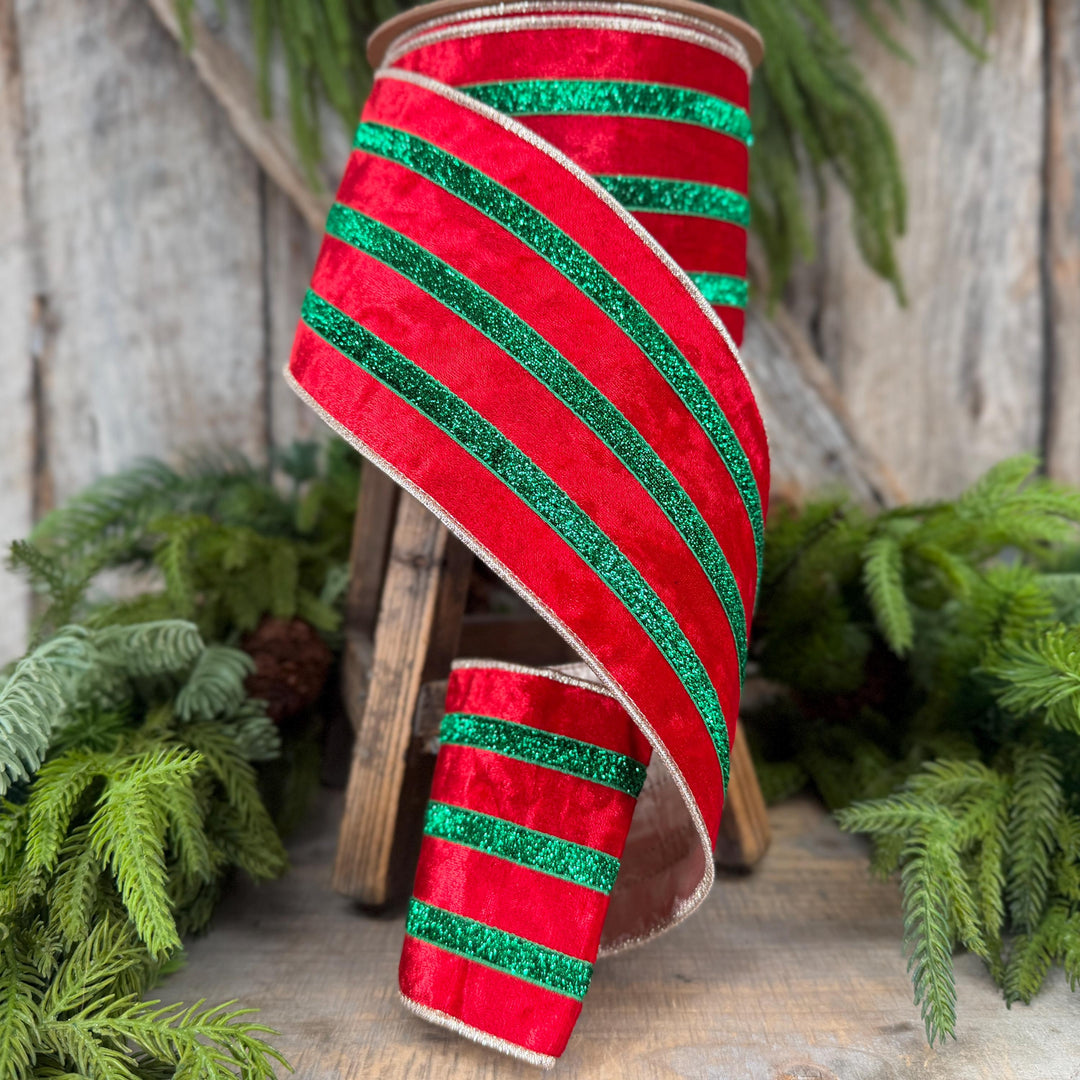 4” Red Velvet Wired Ribbon, Red Emerald Green Metallic Trim, 10 Yards