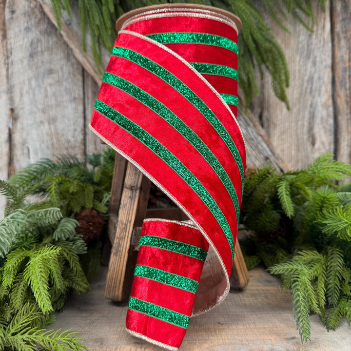 4” Red Velvet Wired Ribbon, Red Emerald Green Metallic Trim, 10 Yards
