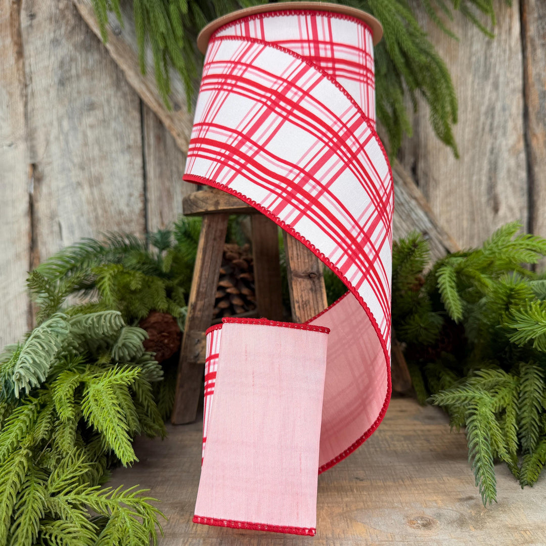 4” Pink Red Christmas Plaid Wired Ribbon, White with Pink Backing