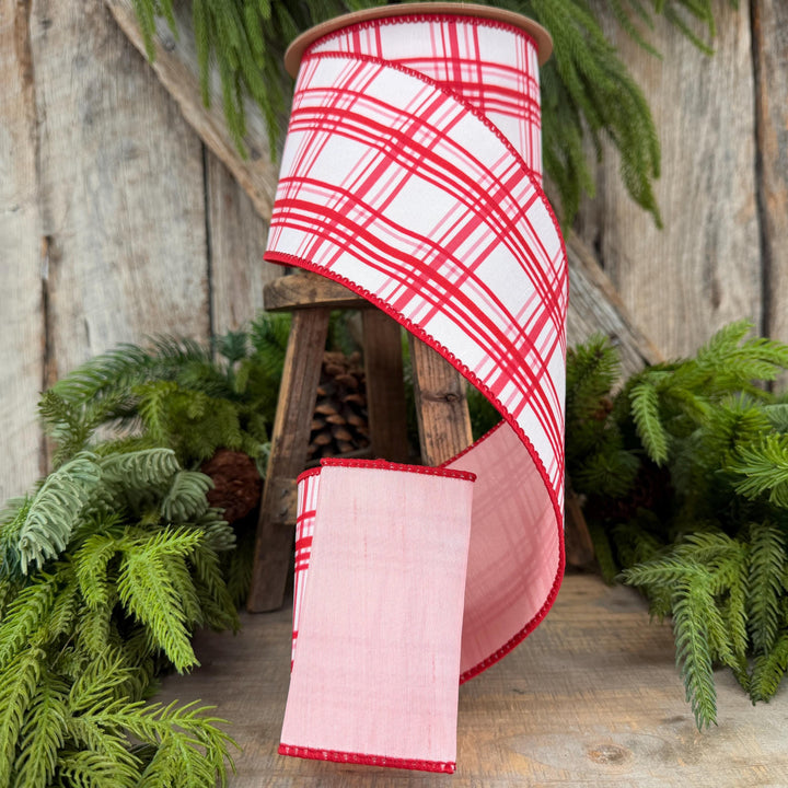 4” Pink Red Christmas Plaid Wired Ribbon, White with Pink Backing