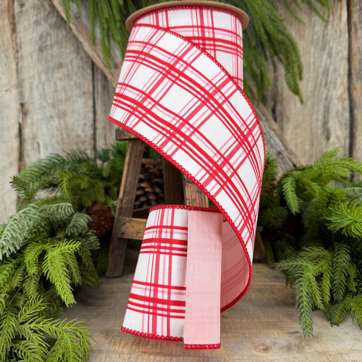 4” Pink Red Christmas Plaid Wired Ribbon, White with Pink Backing, 10-Yard Roll