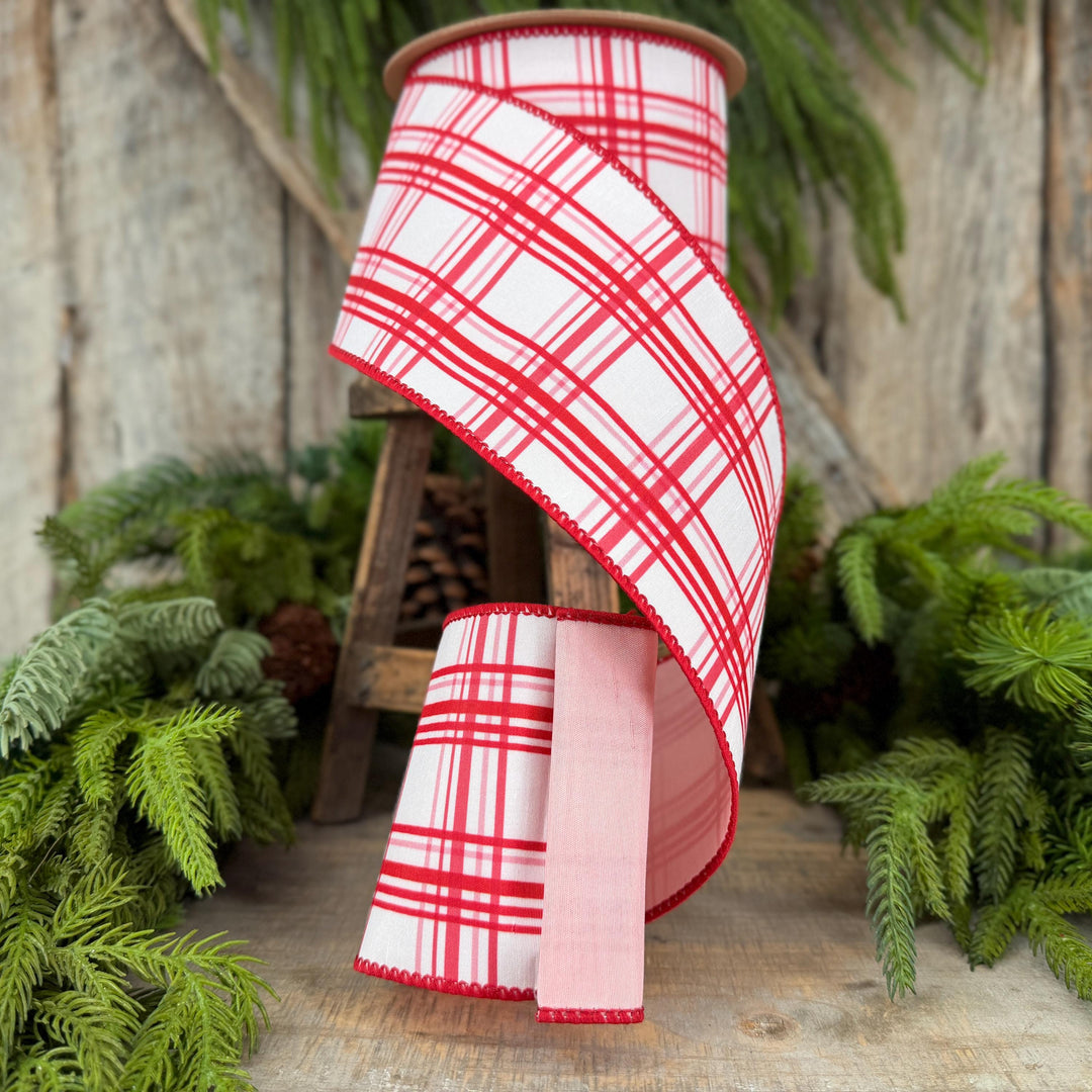 4” Pink Red Christmas Plaid Wired Ribbon, White with Pink Backing, 10-Yard Roll