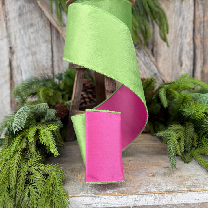 4” Lime Green Velvet Wired Ribbon, Hot Pink Backing, 10 Yard Roll
