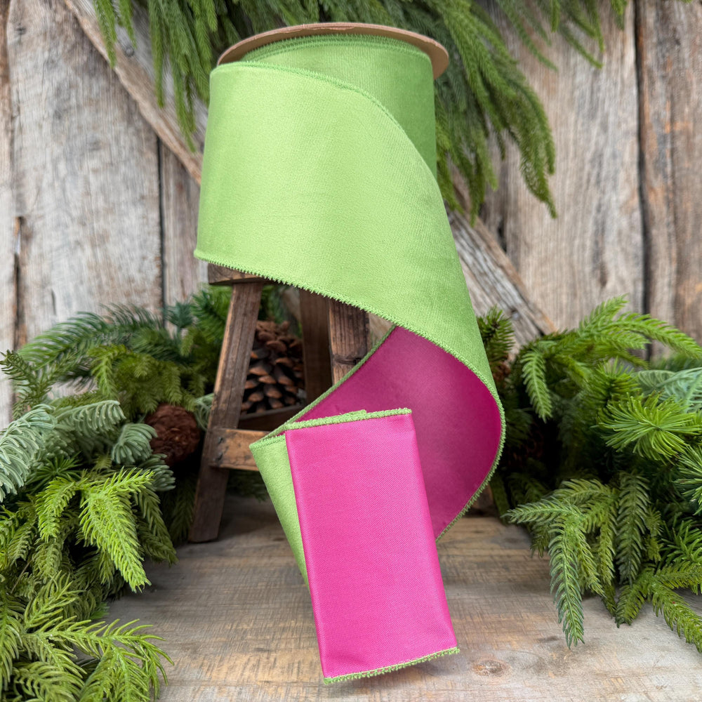 4” Lime Green Velvet Wired Ribbon, Hot Pink Backing, 10 Yard Roll