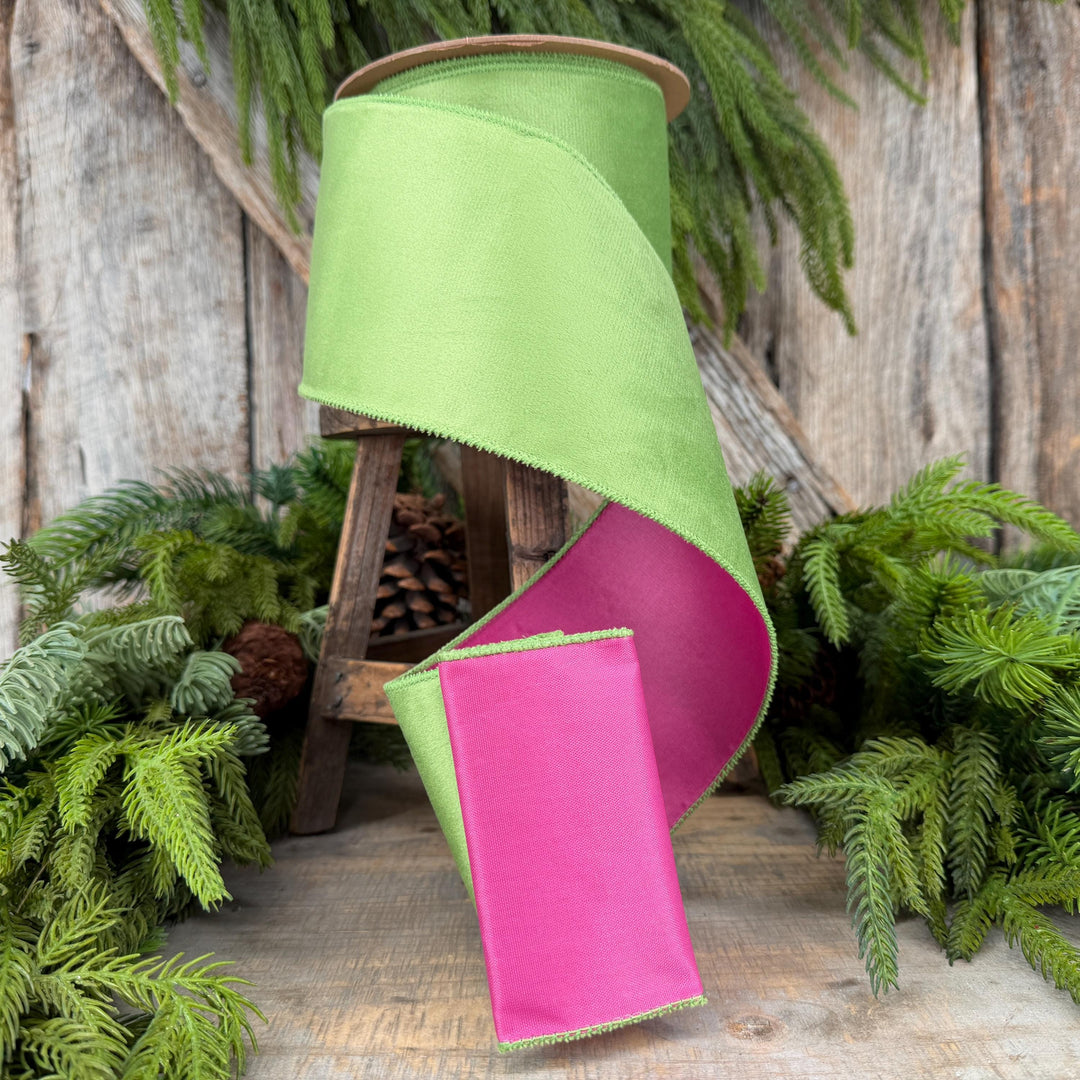 4” Lime Green Velvet Wired Ribbon, Hot Pink Backing, 10 Yard Roll