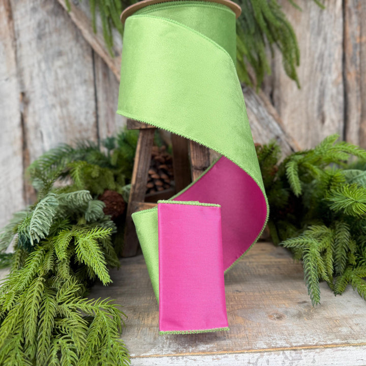 4” Lime Green Velvet Wired Ribbon, Hot Pink Backing, 10 Yard Roll