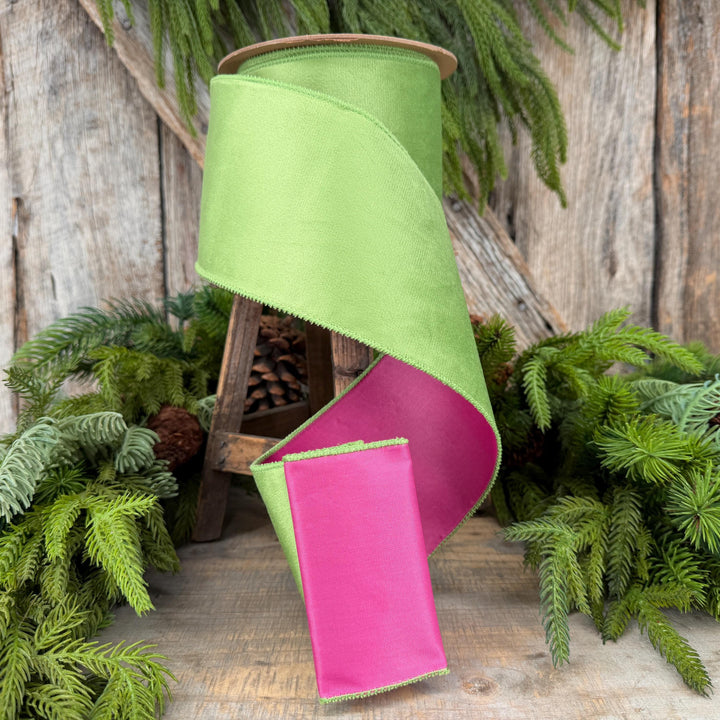 4” Lime Green Velvet Wired Ribbon, Hot Pink Backing, 10 Yard Roll