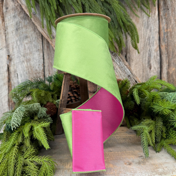 4” Lime Green Velvet Wired Ribbon, Hot Pink Backing, 10 Yard Roll