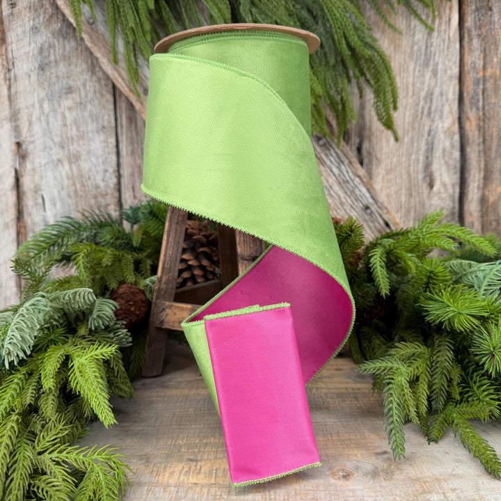 4” Lime Green Velvet Wired Ribbon, Hot Pink Backing, 10 Yard Roll