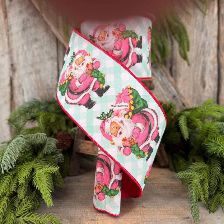 4” Retro Pink Santa Wired Ribbon, Mint Green Check, Red Backing, 10 Yard Roll