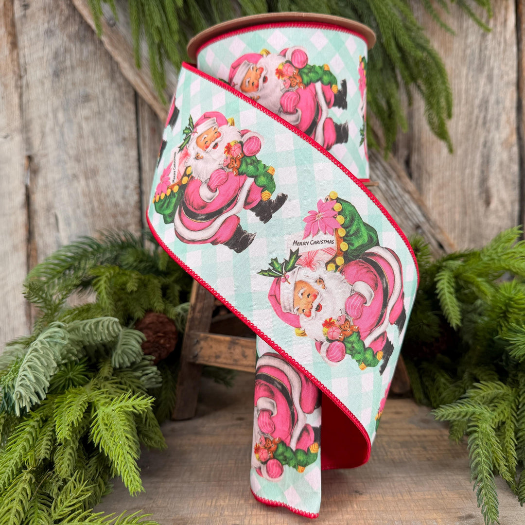 4” Retro Pink Santa Wired Ribbon, Mint Green Check, Red Backing, 10 Yard Roll