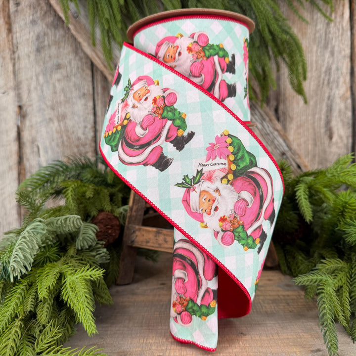 4” Retro Pink Santa Wired Ribbon, Mint Green Check, Red Backing, 10 Yard Roll