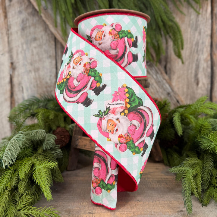 4” Retro Pink Santa Wired Ribbon, Mint Green Check, Red Backing, 10 Yard Roll