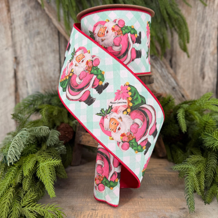 4” Retro Pink Santa Wired Ribbon, Mint Green Check, Red Backing, 10 Yard Roll