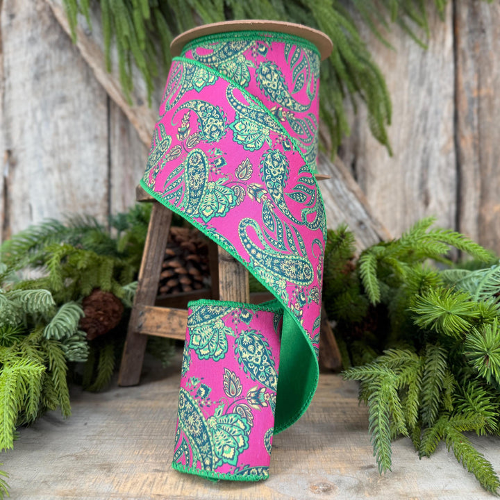 4” Hot Pink Paisley Wired Ribbon, Green Satin Backing, 10 Yard Roll